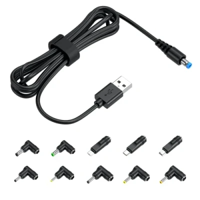 Abbildung von Universal Hohlstecker 5V USB Kabel auf DC Stecker Adapterkabel 5,5x2,1mm zu 10 Stecker: 5,5x2,5mm / 4,8x1,7mm 4,0x1,7mm 4,0x1,35mm 3,5x1,35mm 3,0x1,0mm 2,5x0,7mm Type C, Micro/Mini