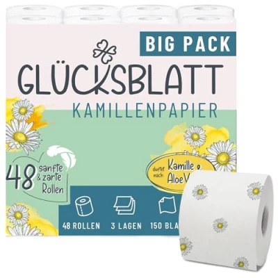 Abbildung von Glücksblatt Toilettenpapier Kamille, 3 lagig, 48 Rollen x 150 Blatt, Duft nach 100% Zellstoff, weiches Klopapier mit bunten Kamillenblüten, Kamillenpapier, Verpackung aus 30% PCR Anteil