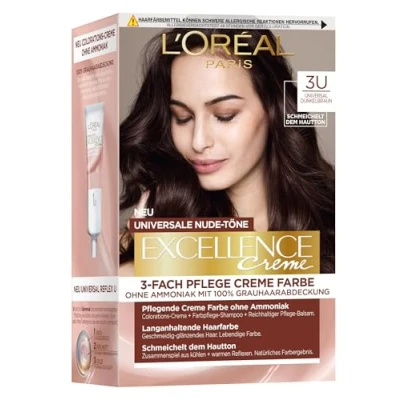 Abbildung von L&#039;Oréal Paris Permanente Haarfarbe für jeden Hautton, Coloration ohne Ammoniak, Universale Nude Töne mit vollständiger Grauhaarabdeckung, Excellence Creme, Nr. 3U Dunkelbraun (Braun), 1 Stück