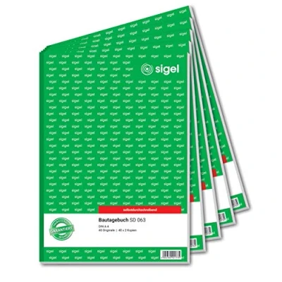 Abbildung von SIGEL SD063/5 Bautagebuch A4, 3x40 Blatt, selbstdurchschreibend, 5 Stück, mikroperforiert, mit Abheftlochung, aus nachhaltigem Papier