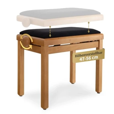 Abbildung von Classic Cantabile Pianobank Eiche matt (Höhenverstellbar von 47 56cm, Spindelmechanik, Sitzfläche 55 x 32cm, schwarzer Velourbezug, stabil)