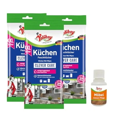 Abbildung von poliboy 99A3801, XXL Küchen Putztücher 3er + Möbel Probe Reinigungstücher (25x20 cm, für eine schnelle und praktische Reinigung Made in Germany)