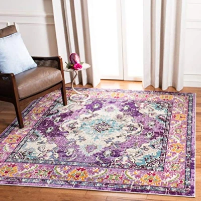 Abbildung von Safavieh Boho Teppich für Wohnzimmer, Esszimmer, Schlafzimmer Monaco Collection, Kurzer Flor, Violett und Hellblau, 200 x cm