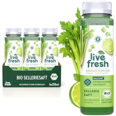 Abbildung von LiveFresh BIO Selleriesaft Kaltgepresst 97% Selleriesaft, 3% Limettensaft Ohne Zuckerzusatz Frisch gepresster Gemüsesaft mit Kalium, Calcium &amp; Vitamin K Inkl. 1,50 Pfand 6x250ml