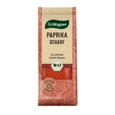 Abbildung von BioWagner Bio Paprika scharf milde Schärfe für Fleisch und Gemüsegerichte naturbelassene Zutaten recyclebare Verpackung 50 g