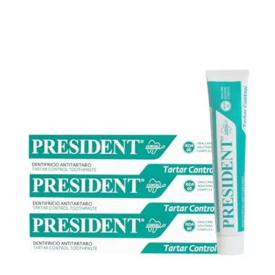Abbildung von President Set mit 3 Zahnsteinen, gegen Zahnsteine, Plaque und Karies, frischer Atem. RDA 60. x 75 ml
