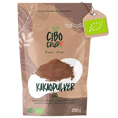 Abbildung von Bitteres Kakaopulver 200 g. Natürliches und reines Bio Kakaopulver, verarbeitet bei niedrigen Temperaturen. Rohkakaopulver, reich an Antioxidantien, Magnesium, Eisen, Vitamin B1 B2.