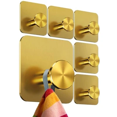 Abbildung von Menz Handtuchhalter ohne Bohren, 6er SET Stilvolle goldene Haken selbstklebend mit 3M Spezial Klebe Pads Moderne Klebehaken ideal als Wandhaken, Handtuchhaken Bad rostfrei