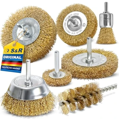 Abbildung von S&amp;R Drahtbürste Set für Bohrmaschinen, Stahldraht, vermessingt, Rundschaft 6mm, (Set 7 teilig, tlg., 4x Scheibenbürsten, je 1x Topfbürste, Pinselbürste, Rohrbürste), sicheres Entrosten, Entgraten, Abtragen, Schleifen und Bearbeiten