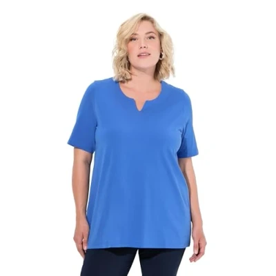 Abbildung von Ulla Popken Ausschnitt Halbarm Tshirt basic, Damen, Größe: 54/56, Peacock blue