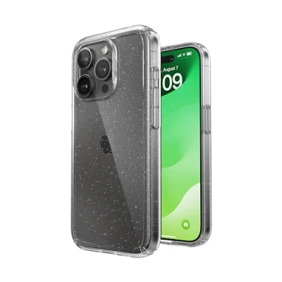 Abbildung von Speck MagSafe Hülle für iPhone 15 Pro Fall &amp; Kameraschutz Klar Handyhülle Kabelloses Laden Kompatibel Passend alle 6,1 Zoll Modelle Klar/Platin Glitzer
