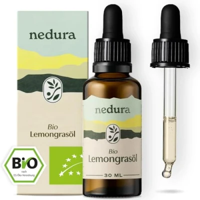 Abbildung von nedura® BIO Lemongras Öl [100% NATURREIN] Belebend &amp; Erfrischend Echtes Zitronengrasöl Ätherisches für Aromatherapie, Diffusoren Duftkerzen 30ml