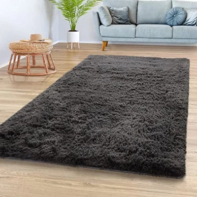 Abbildung von TT Home Teppich Wohnzimmer Hochflor Langflor Weich Soft Modernes Einfarbiges Design, Farbe: Grau Anthrazit, Größe:160x220 cm
