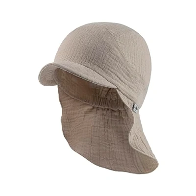 Abbildung von Sterntaler Schirmmütze mit Nackenschutzschutz uni aus Bio Baumwolle Unisex schützt den Kopf vor der Sonne Sonnenkappe Baby UV 50+ Bindeband beige, 49