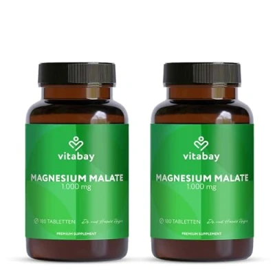Abbildung von Vitabay Magnesium Malat 1000mg Hochdosiert 360 Tabletten Vegan &amp; Laborgeprüft Kapseln Trägt zu einem normalen Energiestoffwechsel und einer Muskelfunktion bei