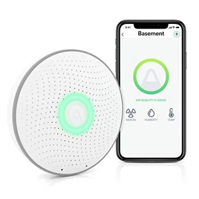 Abbildung von Airthings Wave Radon Smart Detektor mit gratis App, batteriebetrieben, keine Laborgebühren einfach zu bedienen