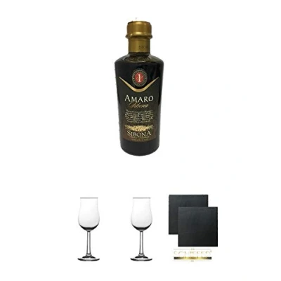 Abbildung von Sibona Grappa Amaro Italien 0,5 Liter + 2 Bugatti Nosing Gläser mit Eichstrich 2cl und 4cl Schiefer Glasuntersetzer eckig ca. 9,5 cm Ø