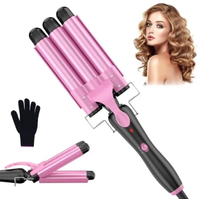 Abbildung von Lockenstab 3 Fässer Beach Waves Welleneisen für Haare, 25mm Kleine Locken Keramik Lockeneisen Temperatureinstellung Schnelle Erwärmung mit Handschuh, Rosa