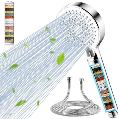 Abbildung von Magichome Duschkopf mit Schlauch,Handbrause Filter Mineralsteinen und 5 Strahlarten, Wassersparende Druckerhöhende Duschbrause 20 Lagen Filtration zusätzlichen Steinen