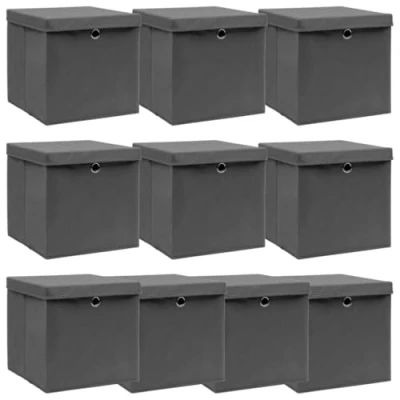 Abbildung von vidaXL 10x Aufbewahrungsbox mit Deckel Zusammenklappbar Spielkiste Regalkorb Faltkiste Korb Kinderbox Box Kiste Grau 32x32x32cm Stoff