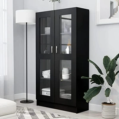 Abbildung von KTHLBRH (Blitzlie ferung) Aufbewahrung DVD + CD Regal Bücherregal, multifunktionales Regal, Mit Glastür, für Wohnzimmer, Schlafzimmer, Küche Vitrinenschrank Schwarz 82,5x30,5x150 cm Spanplatte