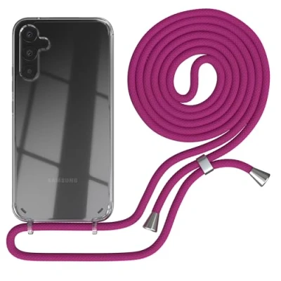 Abbildung von EAZY CASE Handykette kompatibel mit Samsung Galaxy A34, Schulterriemen, Handykordel klarer Hülle, Handyhülle zum Umhängeband Kordel Kettenkombination in Pink Clips Silber