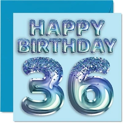 Abbildung von Stuff4 Geburtstagskarte zum 36. Geburtstag für Männer Blauer Glitzer Partyballon Happy Birthday Karten 36 Jahre alten Mann, Bruder, Freund, Onkel, Vater, 145 mm x