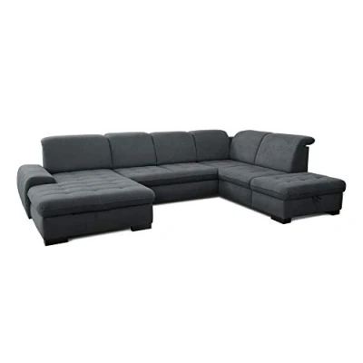 Abbildung von CAVADORE Wohnlandschaft Lexi / Große U Form mit XXL Longchair links und Kopfteilverstellung Leichte Fleckenentfernung dank Soft Clean 329 x 82 99 224 Flachgewebe: Dunkelgrau