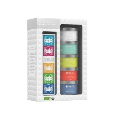 Abbildung von Kusmi Tea Set 5 Miniaturen Sélection Alain Ducasse mit Teezange Weißer Tee, Jadeperlen, Hojicha, Long Jing Loser Tee Dosen zu 25g Idee Geburtstagsgeschenk