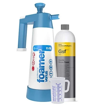 Abbildung von detailmate Vorwäsche Set: Koch Chemie GSF Gentle Snow Foam, Reinigungsschaum Shampoo Insektenlöser, Venus Super Foamer Cleaning Pro+ Viton 2L Box 2018 Model mit und Zubehör + Messbecher 50 ml