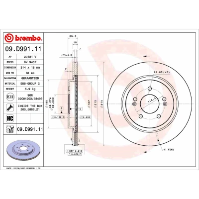 Abbildung von BREMBO 09.D991.11 Bremsscheibe 314 18 5 innenbelüftet beschichtet hochgekohlt mit Schrauben HYUNDAI: Santa Fé IV