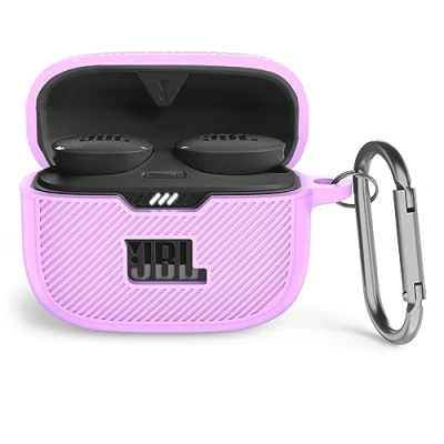 Abbildung von MOWYEOK Silikon Hülle kompatibel mit JBL Tune 130NC TWS, Tragbare Kratz und stoßfeste Silikonhülle, Front LED sichtbar, für TWS Gehäusezubehör, Karabiner Lila