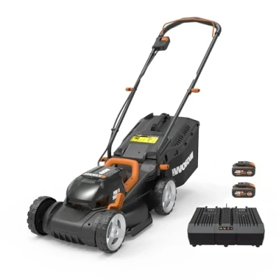 Abbildung von WORX WG779E.1 Akku Rasenmäher 40V (2 x 20V) 34 cm Schnittbreite ideal für Gärten bis zu 460m² IntelliCut Technologie einfache Aufbewahrung inkl. 2x4Ah Akkus &amp; Dual Schnellladegerät