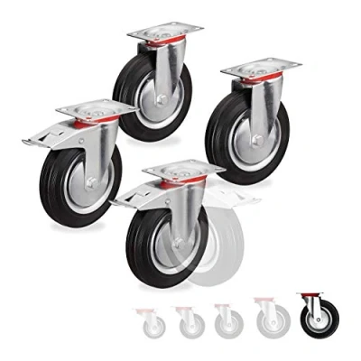 Abbildung von Relaxdays Schwerlastrollen 4er Set, drehbar, Kugellager, 2 Rollen mit Bremse, Tragkraft bis 800kg, Rad D: 200mm, schwarz