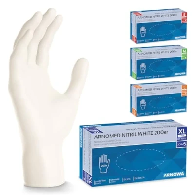 Abbildung von ARNOMED 200x Einweghandschuhe Weiß, Einmalhandschuhe XL, Handschuhe Einweg, Gummihandschuhe puderfrei, latexfreie Nitrilhandschuhe in S, M, L &amp; Putzhandschuhe, Koch /Küchen