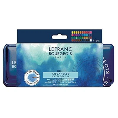 Abbildung von Lefranc Bourgeois 301447 Fine Aquarellfarbe im Metallkasten 40 lebendige Farben in 1/2 Näpfe, 1 Eichhörnchenhaarpinsel Nr. 8