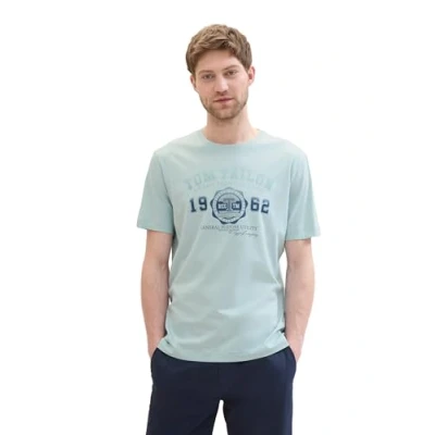 Abbildung von TOM TAILOR Herren Basic T Shirt mit Logo Print, dusty mint blue, S