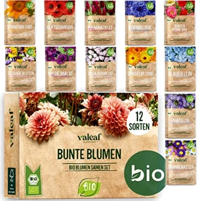 Abbildung von valeaf BIO Blumen Samen Set I 12 Sorten Blumensamen Premium Pflanzensamen mit Wildblumensamen Saatgut Blumensaat Balkon ideales Geschenk