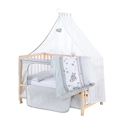 Abbildung von roba Beistellbett 60 x 120 cm Jumbotwins Babybett zum Anstellen Inklusive Matratze, Bettwäsche, Himmel im Elefanten Design Mobil &amp; Höhenverstellbar Holz Natur