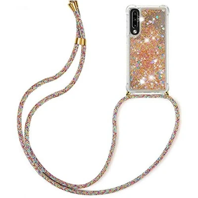 Abbildung von HongMan Handykette Hülle kompatibel mit Samsung Galaxy A50/A30S/A50S Band zum Umhängen, Glitter Handyhülle Flüssig Treibsand, Stoßfest Silikon Transparent Kette,Golden