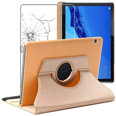 Abbildung von ebestStar Hülle für Huawei MediaPad T5 10 Tablet 10.1, Drehbar Schutzhülle, PU Lederhülle, Rotierende Ständer Etui, Rotating Case Cover, Gold + Panzer Schutz Glas