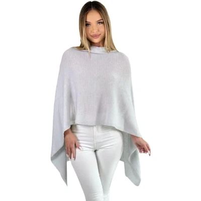 Abbildung von Mississhop 221 Damen Poncho Cape Überwurf Strickjacke feiner weicher Strick Pullover Herbst Winter One Size Hellgrau