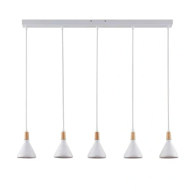 Abbildung von Lindby Hängeleuchte Arina, dimmbar, Leuchtmittel nicht inklusive, Modern, Metall, Holz, weiß, holz hell, 5 flammig, E14, Deckenlampe