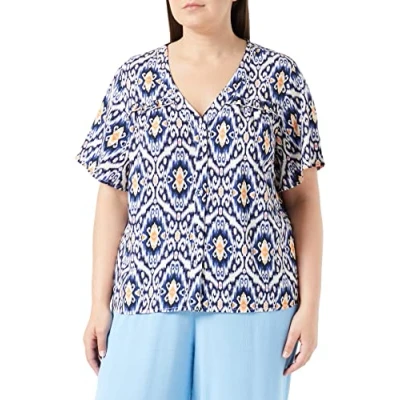 Abbildung von VERO MODA CURVE Damen Vmsifa S/S V Neck Shirt WVN Btq Cur Top, Navy Blazer/AOP:sifa, 46 Große Größen EU