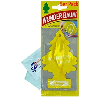 Abbildung von WUNDER BAUM 5 Stück Zitrone Lufterfrischer Duftbaum Wunderbaum Original inkl. 1 x Glasreinigungstuch von SP Großhandel Gratiszugabe