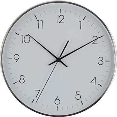Abbildung von Eurotime Funkwanduhr, 35,5 cm, verchromter Metallrahmen, Echtglas, klares 12 Zahlen Zifferblatt, automatische Zeitein und Zeitumstellung, für Wohnbereich oder Büro, Schwarze Sekunde, 52047 07