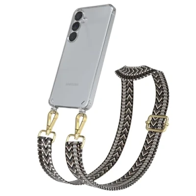 Abbildung von EAZY CASE Handykette mit verstellbarem Trageriemen für Galaxy S25 Taschengurt zum Wechseln transparenter Handyhülle Hülle dünner Schulterriemen in Grau Schwarz Gold