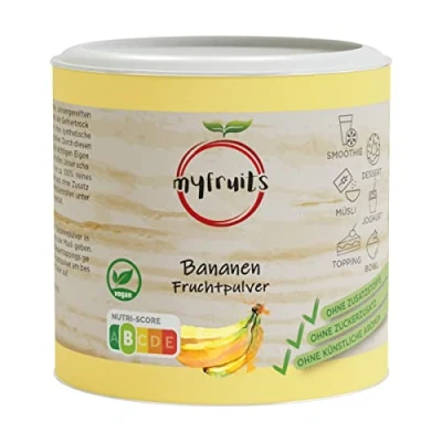 Abbildung von myfruits® Bananenpulver ohne Zusätze, zu 100% aus Bananen, gefriergetrocknet, Fruchtpulver für Smoothie, Shakes &amp; Joghurt (70g)