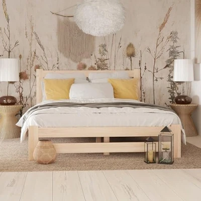 Abbildung von Home Collective Holzbett mit Lattenrost Modern Bett Kiefer Bettgestell Massivholzbett Klassisch (90x200, 120x200, 140x200, 160x200 cm), Doppelbett, Skandi Boho Landhaus Kopfteil hoch 120x200 cm natur