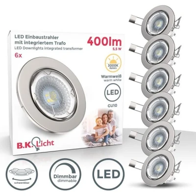 Abbildung von B.K.Licht LED Einbaustrahler 6er SET Einbauleuchten 86mm flach dimmbar Einbaumaß 68mm 10 04 06 S, Dimmfunktion, wechselbar, Warmweiß, 3000K Einbauspots schwenkbar 5,5W 400lm GU10 Leuchtmittel matt Nickel